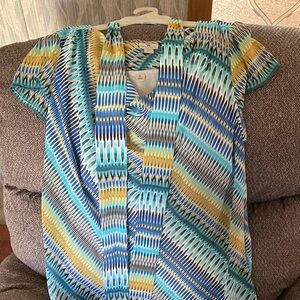 Worthington Multi-Color Tie-Neck Blouse in Blue and Yellow